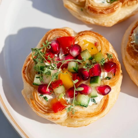 Golden Savory Tartlets, mini wreath appetizers, festively decorated with colorful vegetables, ready to eat.