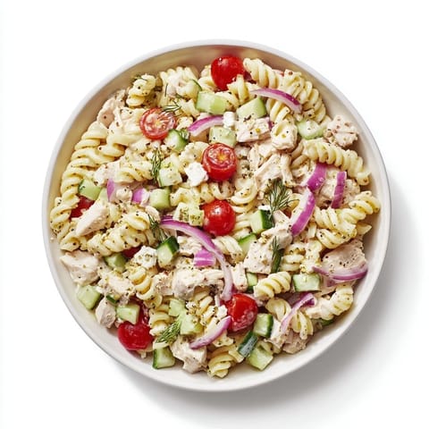 Cool, creamy Everything Bagel Chicken Pasta Salad, generously topped with extra seasoning, awaits.