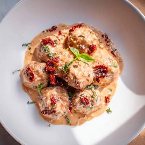 A close-up of Marry Me Chicken Meatballs, showcasing the tender meatballs coated in a rich, flavorful parmesan sauce.