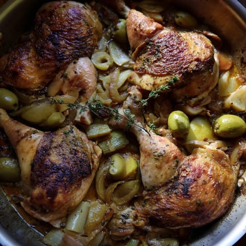 Golden-brown chicken thighs in a savory Georgia Pot Roast Chicken, perfect for a family dinner.
