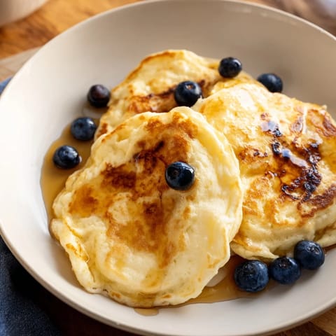 Delicious one-bowl fluffy scrambled pancakes with blueberries, cooked in a skillet until golden brown.