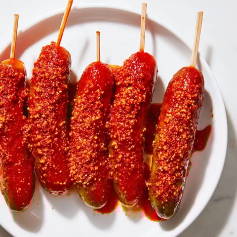 Crisp dill pickles transformed into tasty Chamoy-Tajín creations, perfect for a spicy and sweet Mexican-inspired snack.