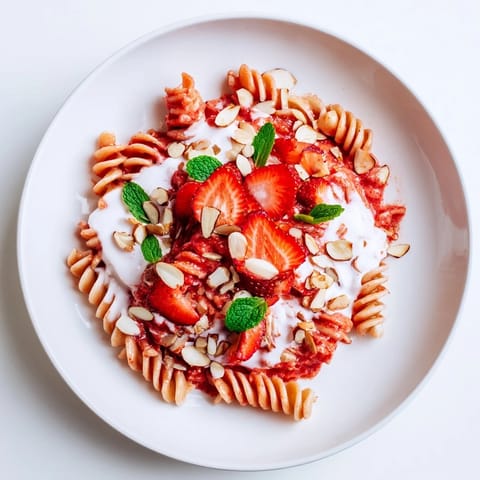 This Sweet Strawberry Yogurt Pasta recipe shows a refreshing dish with sweet strawberry sauce and noodles.