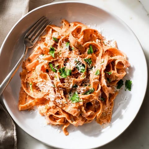 A steaming skillet of Sriracha Honey Pasta tossed with garlic butter and a honey-sriracha drizzle for dinner.