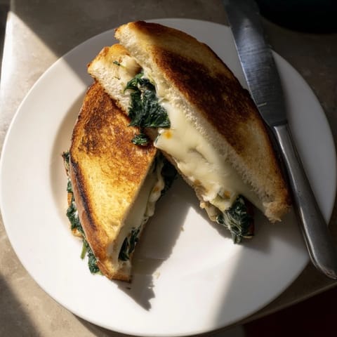 Spinach Artichoke Grilled Cheese served hot beside a bowl of creamy tomato soup for dipping.