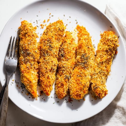 Oven-baked Crispy Panko Chicken Strips on a baking sheet with herbs, perfect for a family dinner main course.