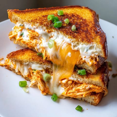 Sizzling Buffalo Chicken Ranch Grilled Cheese in a skillet, aromatic and ready to be sliced for a hearty lunch.