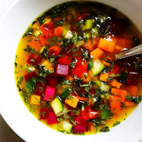 Close-up of the colorful Rainbow Vegetable Detox Soup simmering in a pot, showcasing tender diced tomatoes and zucchini.
