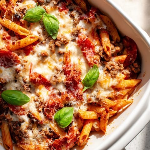 A close-up view of the High Protein Italian Beef and Pasta Bake, revealing hearty whole wheat pasta layered with lean ground beef and vegetables.  