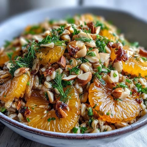 Hearty farro salad with fennel, oranges, and almonds, ready for serving.