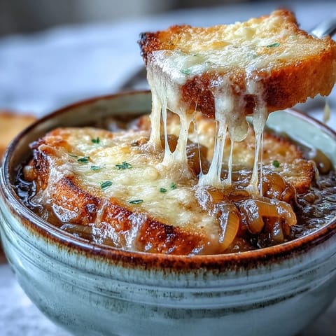 Dark caramelized onions in rich French Onion Soup topped with toasted bread and gooey, browned cheese under the broiler.