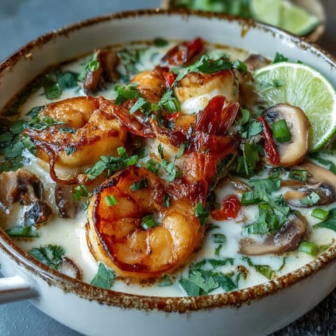Creamy Thai Coconut Shrimp Soup served steaming hot in a white bowl, garnished with cilantro, green onions, and lime wedges.
