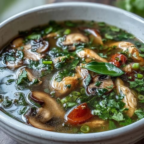 Hot Tom Yum Chicken soup garnished with cilantro and lime wedges, served alongside fluffy steamed jasmine rice.