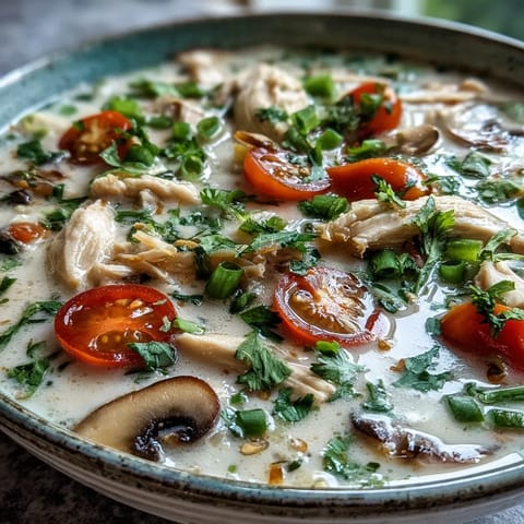 Steaming Best Ever Tom Kha Gai Soup features tender chicken and sliced mushrooms in creamy coconut milk, garnished with fresh herbs.