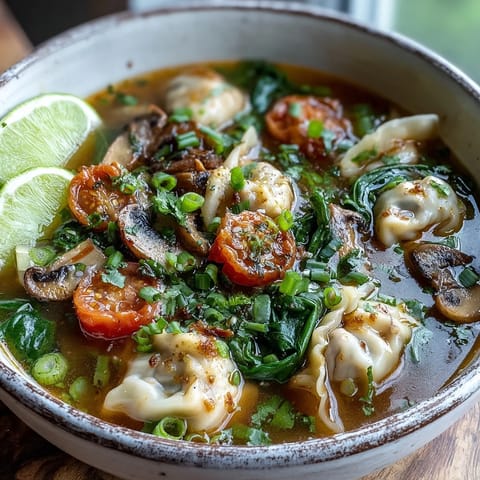 Steaming bowls of Tom Yum Wonton Soup feature plump dumplings in a spicy, aromatic red broth with fresh lime.