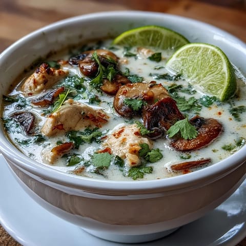 Steaming hot Tom Kha Soup garnished with fresh cilantro and lime wedges, served alongside fragrant jasmine rice.