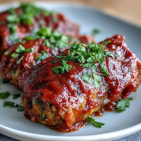 Freshly baked Baked Vegan Cabbage Rolls emerge from the oven, bubbling with hearty lentils and brown rice filling.