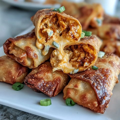 A platter of crispy Buffalo Chicken Dip Egg Rolls, filled with creamy, spicy chicken and melted cheddar cheese, perfect for game day.  