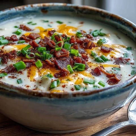 Hot Loaded Potato Soup topped with crumbled bacon, extra cheese, and sliced green onions, served with crusty bread.