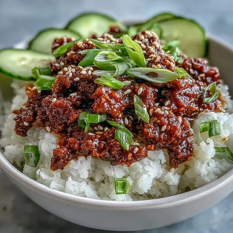 Savory ground beef simmered in spicy gochujang sauce served as an Easy Korean Beef Bowl with toppings.