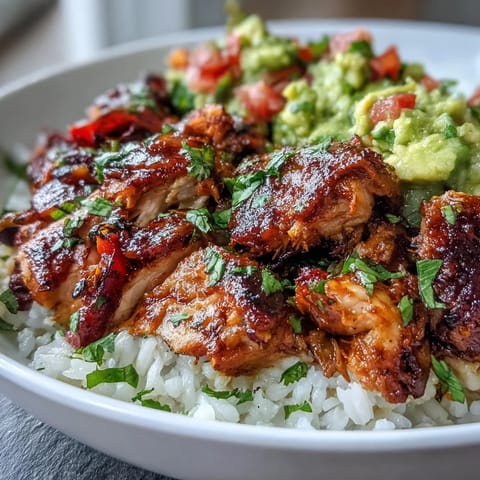 Freshly diced avocado salsa crowns this vibrant Sheet Pan Chicken Tinga Bowl, garnished with lime wedges and cilantro on a bed of fluffy rice.