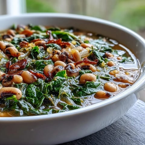 Earthy black-eyed peas with collard greens simmer in a savory broth beside a golden wedge of cornbread.