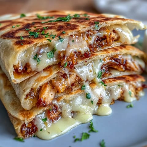 Creamy jalapeño sauce drizzled over cheesy hot honey chicken quesadilla wedges, served with fresh cilantro and lime on a rustic wooden board.