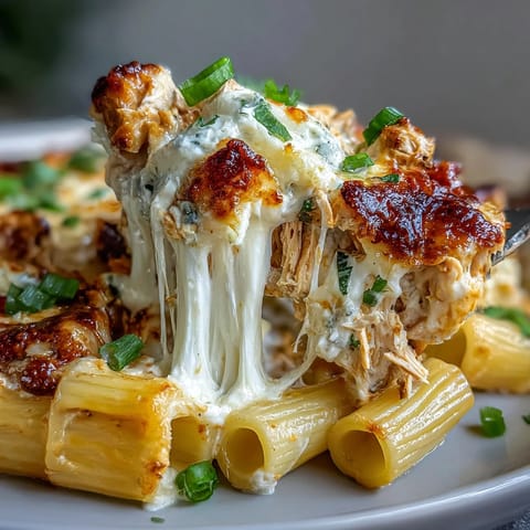 Golden, bubbly cheddar and mozzarella top the creamy Buffalo Ranch Chicken Pasta Bake, with melted cheese pulling from a hearty spoonful served alongside fresh green onions.