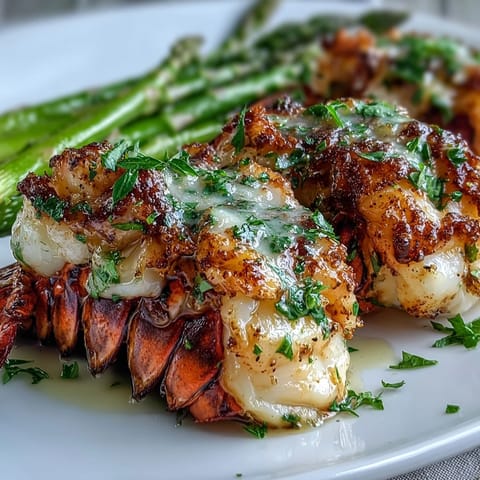 Freshly roasted Keto Garlic Butter Lobster Tails on a platter next to crisp green asparagus spears.