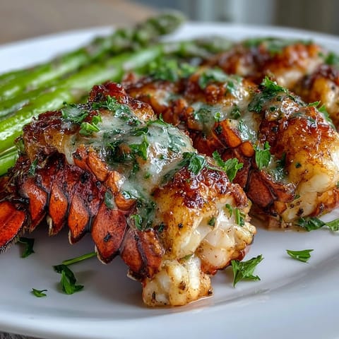 Buttery Keto Garlic Butter Lobster Tails with asparagus, garnished with fresh parsley and lemon wedges.