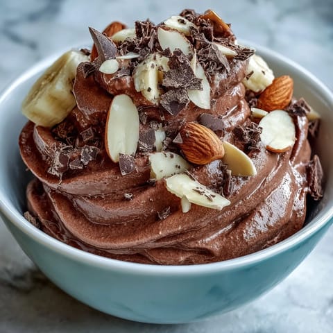 Vegan Chocolate Banana Nice Cream in a bowl, topped with almond butter swirl and sliced bananas for a creamy, dairy-free dessert.