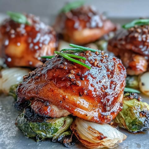 Golden-brown Sheet Pan Honey Mustard Chicken thighs sit alongside caramelized Brussels sprouts and red onion wedges, glistening with a sweet-tangy glaze on a parchment-lined pan.