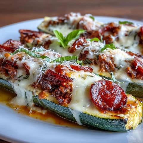 Cheesy pepperoni zucchini pizza boats baked until golden, offering a satisfying keto-friendly meal packed with savory toppings and fresh herbs.