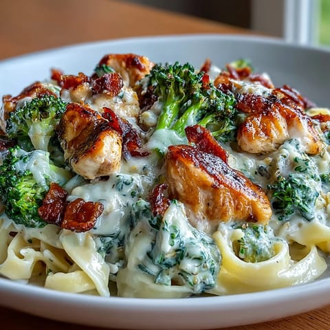 Low-carb chicken Alfredo with Parmesan cream sauce spooned over bright green broccoli florets for a satisfying keto-friendly meal.  