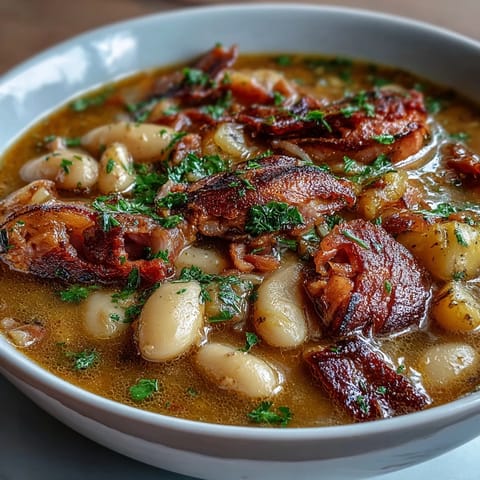A steaming bowl of hearty bean soup with tender smoked ham and potatoes, garnished with fresh parsley for a rustic touch.