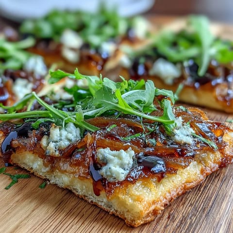 A golden flatbread pizza with caramelized onions, melted mozzarella, and crumbled goat cheese, finished with fresh arugula and balsamic glaze for a tangy twist.