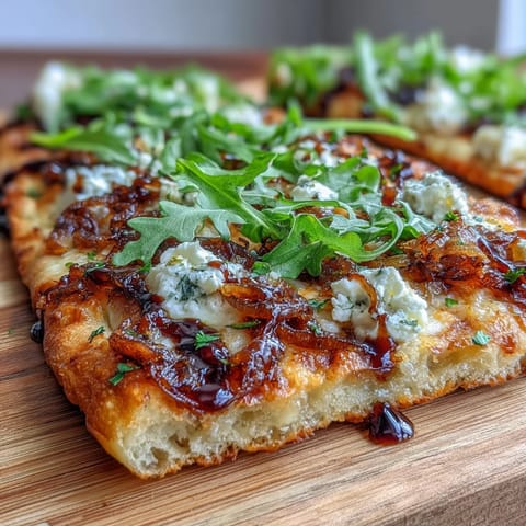 Crisp flatbread topped with sweet caramelized onions, creamy cheese, and peppery arugula, drizzled with balsamic glaze—a perfect gourmet vegetarian meal or appetizer.