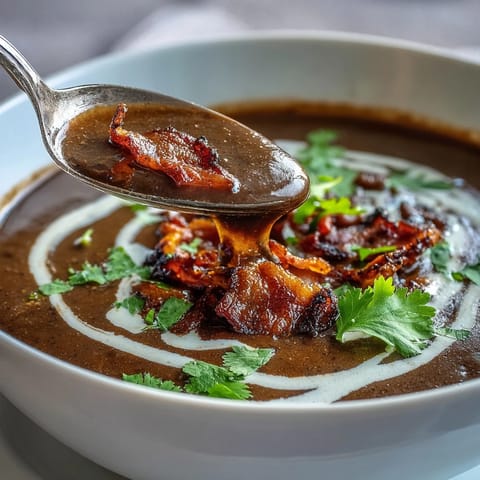 Velvety black bean soup infused with smoked paprika, garnished with tangy lime crema and crumbled bacon for bold flavor.