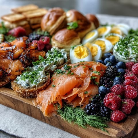 Galentines Brunch Board with Bagels, Lox, and Berries featuring colorful berries, sliced bagels, and creamy cheeses arranged for sharing.