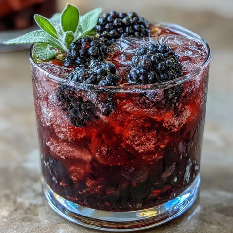 Refreshing blackberry sage mocktail with crushed ice, juicy berries, and aromatic sage for a vibrant summer drink.