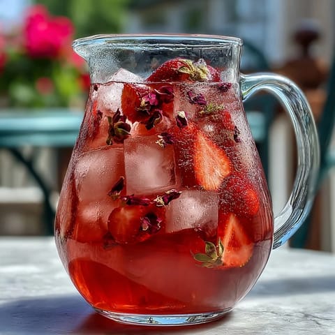 Refreshing homemade strawberry rose lemonade, bursting with bright citrus and delicate floral notes, served over ice with edible rose petals.