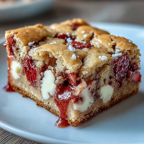 Soft and chewy cookie bars bursting with fresh strawberries and rich white chocolate, ideal for summer parties and gatherings.  