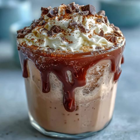 Creamy vanilla bean frappuccino protein shake with frothy vanilla, ice, and a hint of sweetness in a tall glass.