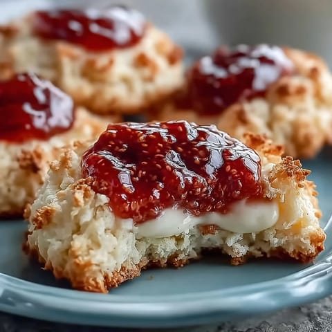 Soft, buttery clotted cream cookies topped with jewel-like strawberry jam, offering a delightful British-inspired dessert.
