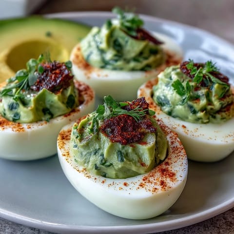 Vibrant deviled eggs featuring ripe avocado, fresh chives, and dill for a colorful, nutrient-rich twist on a classic party favorite.