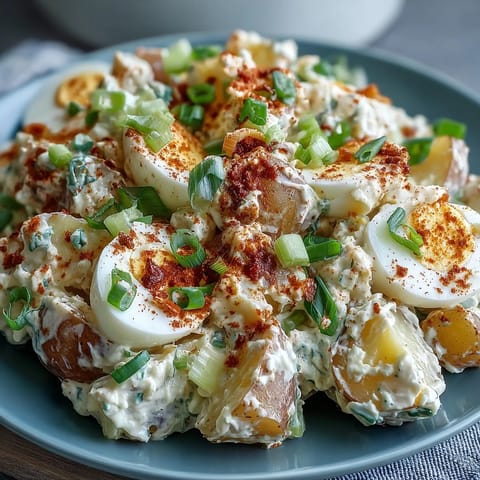Classic Deviled Egg Potato Salad with creamy dressing, tender potatoes, and chopped eggs in a rustic bowl.