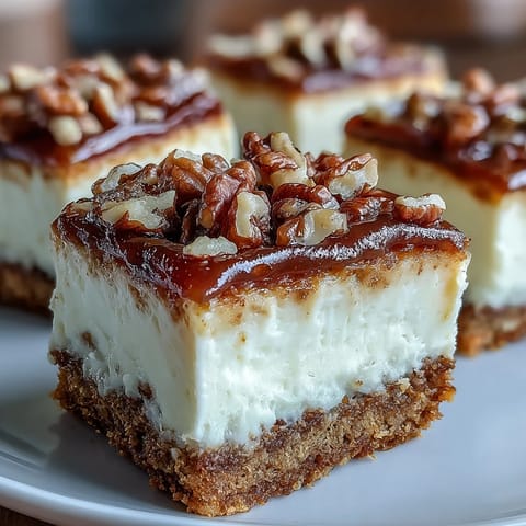 Creamy carrot cake cheesecake bars with swirls of spiced carrot cake and rich cheesecake, topped with crunchy walnuts.