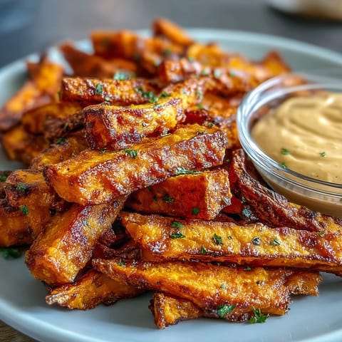 Perfectly crisp air fryer sweet potato fries with smoky chipotle aioli dip.