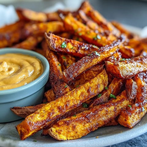 Golden, seasoned air fryer sweet potato fries ready for dipping into creamy aioli.