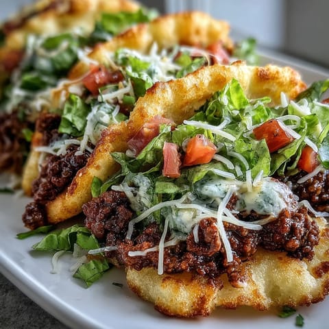 Savory seasoned beef fills light cloud bread taco shells, perfect for a healthy meal.